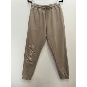 YOUNGLA Beige Sweatpants Joggers M Embroidered Logo Drawstring Gym Heavyweight